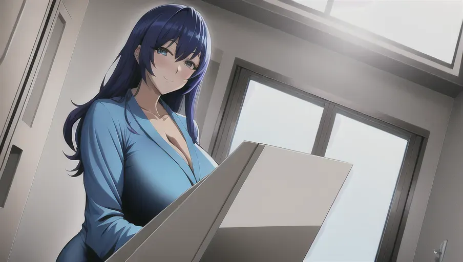 digital art, 35 year old, an anime girl, thicc, bathrobe, blue, kitchen, day time, natural light, happy, 8k, professional