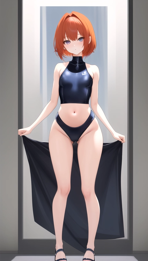 slender frame is petite and diminutive, but her curves are luscious and tantalizing. Her school swimsuit clings tightly to her small, shapely breasts and flares out at her narrow hips, emphasizing her hourglass figure. Her legs are smooth and toned, leading down to dainty feet in simple sandals. Despite her youthful appearance, there is an undeniable air of sensuality about her. She peers up at you with large, innocent eyes framed by short messy auburn locks