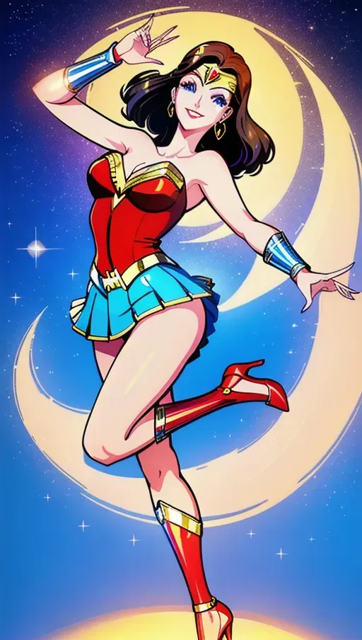 digital art of Lynda Carter drawn as Wonder Woman with elegant long legs, mini skirt, stiletto heels, and happy smile, she has soft lips and detailed sparkling blue eyes, intricate hands, the background setting is night time moonlight, detailed hands