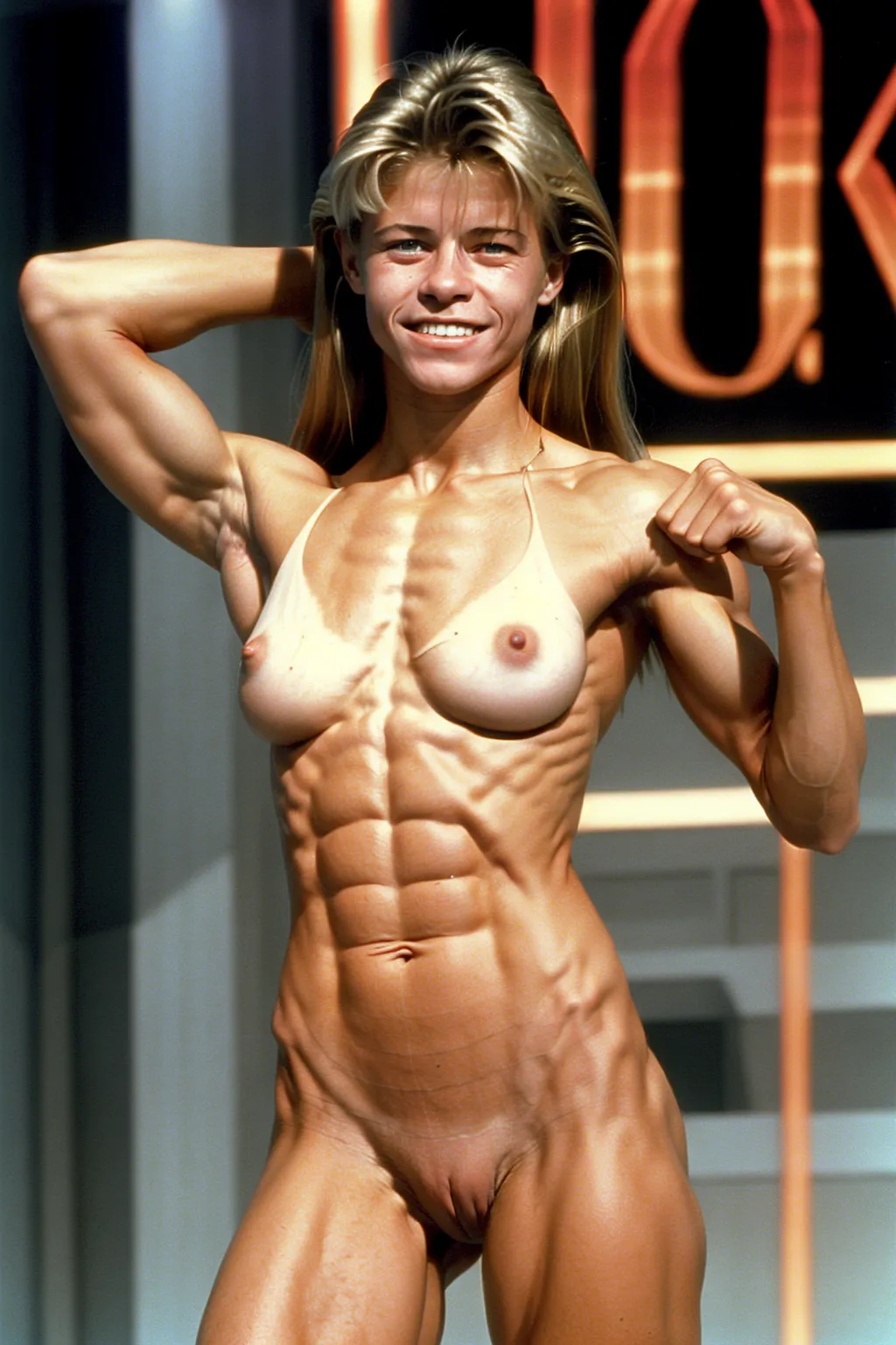 A very fit 18 year old fully naked Linda Hamilton, look of pleasure on her face, flexing her abs, very low body fat, extremely lean body, perfect body, showing her vagina, standing on the set of a late night talk show in 1998, fully nude, spreading her legs, perfectly shaped breast, blonde hair, spreading her legs wide open, perfect tan