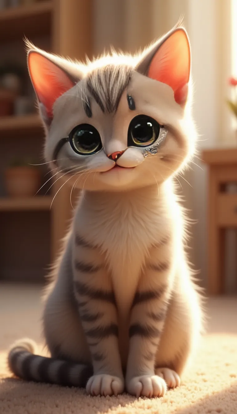 A cute cat sitting gracefully, with big expressive eyes and a fluffy tail curled around its paws. The background is softly blurred, featuring a cozy indoor setting with warm lighting. The cat has a playful expression, with its ears perked up and a slight tilt to its head. The fur is detailed, showing subtle variations in color and texture. The composition follows a 9:16 aspect ratio, perfect for a portrait-oriented image, with the cat centered to draw focus. The style is realistic with a touch of whimsy, enhancing the cat's adorable features.