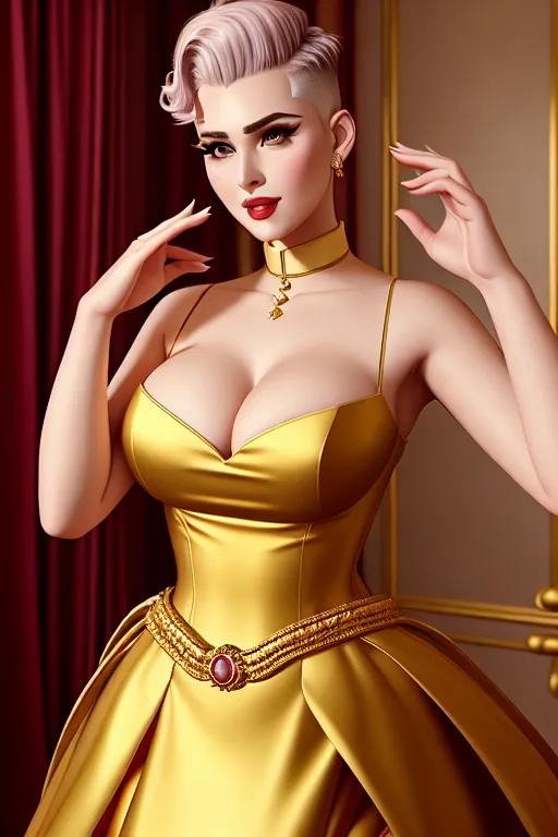 a digital painting of,a priest,wearing empress dress,dancing,in a hotel room,big breasts,five fingers per hand,undercut hair,beautiful face,beautiful lips,curved eyebrows,curved eyelid,pale skin,joyful,wearing golden ring,professional,studio lighting,ultra realistic,highly detailed,unreal engine