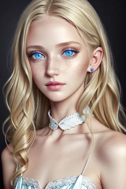 HDR photo, young sexy woman, thin nose, thin lips, pale freckles, arched eyebrows, almond-shaped eyes, (azure eye-color),
ultra detailed eyes, big eyelashes,
high cheekbones, small ears,
(dirty-blonde hair), (shoulder length wavy hair), (textured hair), defined collar bone,