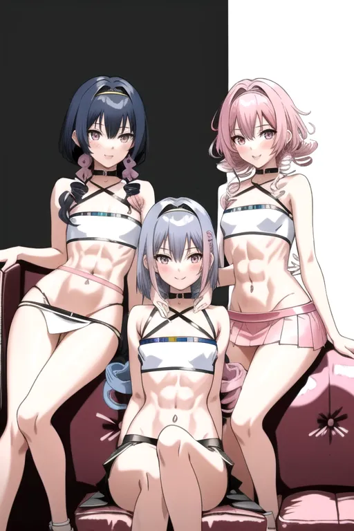 3 anime girls, (((one with short white hair, one with long curly dark blue hair, one with straight pink hair.))) Femboys, they are anorexic, Very skinny body. Skinny. expertly drawn, detailed. NSFW, abs,
They are sitting on a couch and goofing off with each other, they are smiling and laughing, mini skirt, (tube top),
Heavy brush strokes. Add detail,