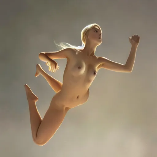 woman floating in the air, grasping with her hands, nude, blonde hair flailing.