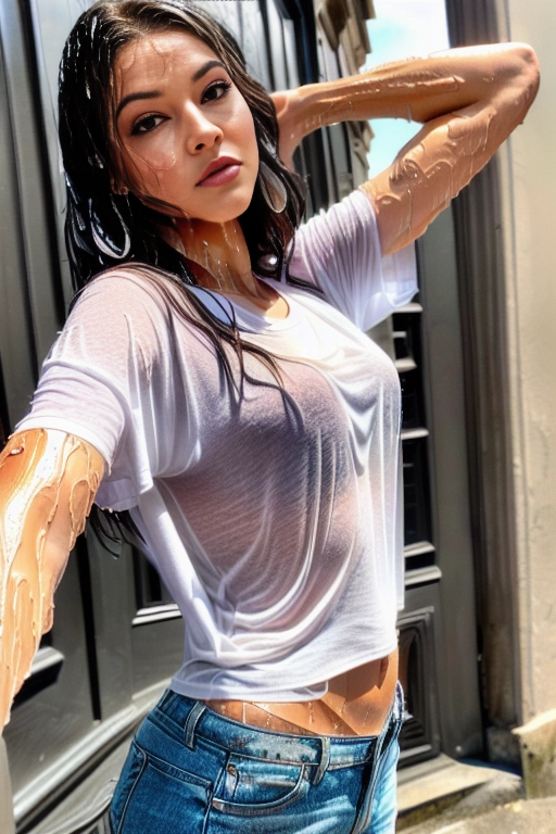 skinny European 18 years old girl walking in Paris, Linda Mouat Milbourne , under Boob, low light, seductive, horny, high-detailed face, high-detailed skin texture, super attractive face, ((((White wet t-shirt))) <lora:dpmg_add_detail:1><lora:under_boob_cut_out:1>