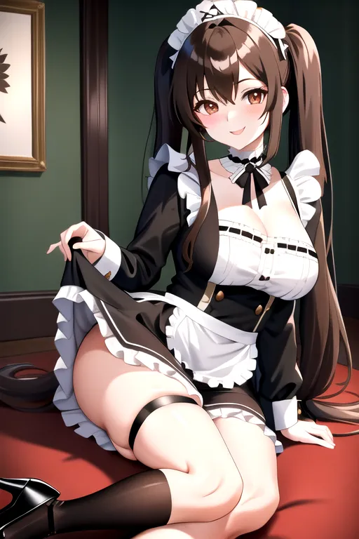 long hair, brown hair, brown eyes, black maid uniform, miniskirt, giant breasts, looking at viewer, in living room, high heels, pale skin, choker, pigtails, smiling