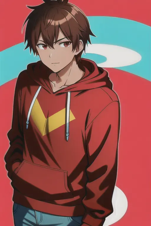Male, brown hair, red eyes, tan skin, turquoise hoodie, smug,