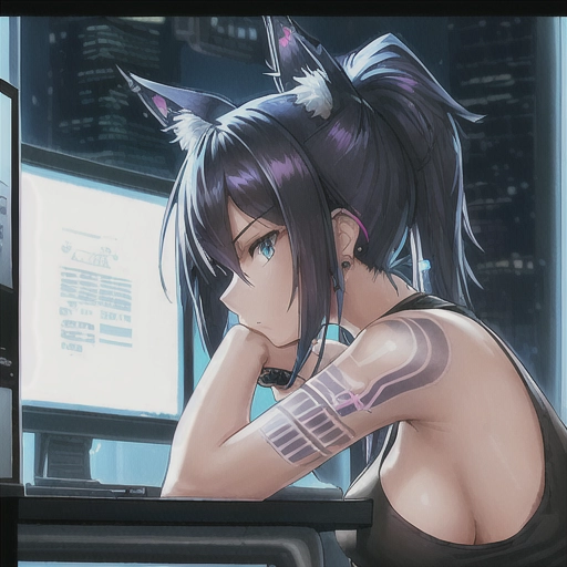 Medium shot, side profile, of a highly detailed beautiful, thin Cyber punk american female with blue black hair, her hair is hanging down on the backside of her face, sitting in front of a computer monitor leaning forward on her arms, looking focused, at a desk with a tank top on showing cleavage and tattoo sleeves on her arms and a small line tattoo on her cheek. Dark background with a cyberpunk city skyline at night in the window and a blueprint on the wall, she has a bracelet on her wrist and is wearing earrings on her ears