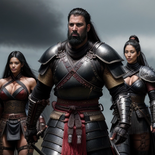 An ultra realistic color photograph of an (extremely tall and muscular male warrior) flanked by ((two) shorter female warriors) as they lead an army into battle
Male warrior has black hair shaped into Samurai style
Male warrior has a very short and well trimmed black beard
Male warrior is tall and slender and has a bodybuilder physique
Male warrior is wearing elaborate black leather Royal samurai armor with a steel breastplate and steel pauldrons
Breastplate on male warrior has dragon insignia
Male warrior is dragon themed
Female warriors have fitness model physiques
Female warriors have long thick shiny black hair
Female warriors are wearing sexy black and red leather Samurai armor with steel pauldrons
Female warriors have long black hair braided in Samurai style
Background is a stormy night on a bloody battlefield
<lora:dpmg_add_detail:1>