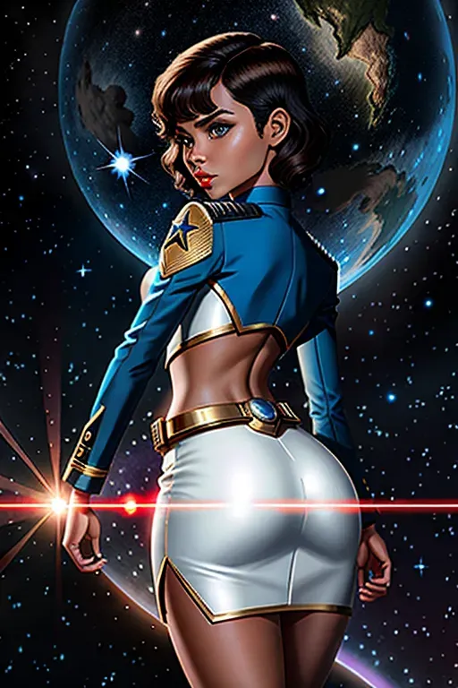 Star trek The Original Series, Vulcan, female, short wavy hair, light brown skin, blue eyes, small nose, red lips, small shoulders, small arms, small chest, slight tummy, full hips, thicc ass, starfleet science uniform hip length dress, ass showing, clit showing, starship enterprise in the background, high definition, excellence lighting.