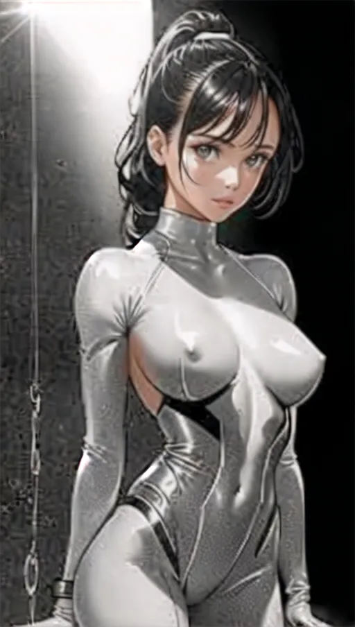 An 8k high resolution, photo of Alicia Vikander, athletic body, toned muscles, in white liquid latex catsuit, standing,((((detailed female anatomical features)))),(((detailed gorgeous face features))),(((erotic scene))), hanging by wrists, beautiful lips, thick leather collar, thick leather bondage cuffs on wrists, textured oiled skin,(((fairer skin))),(((ultra-detailed breasts))), editorial, aesthetic scene, best quality, high definition, all body in the frame,