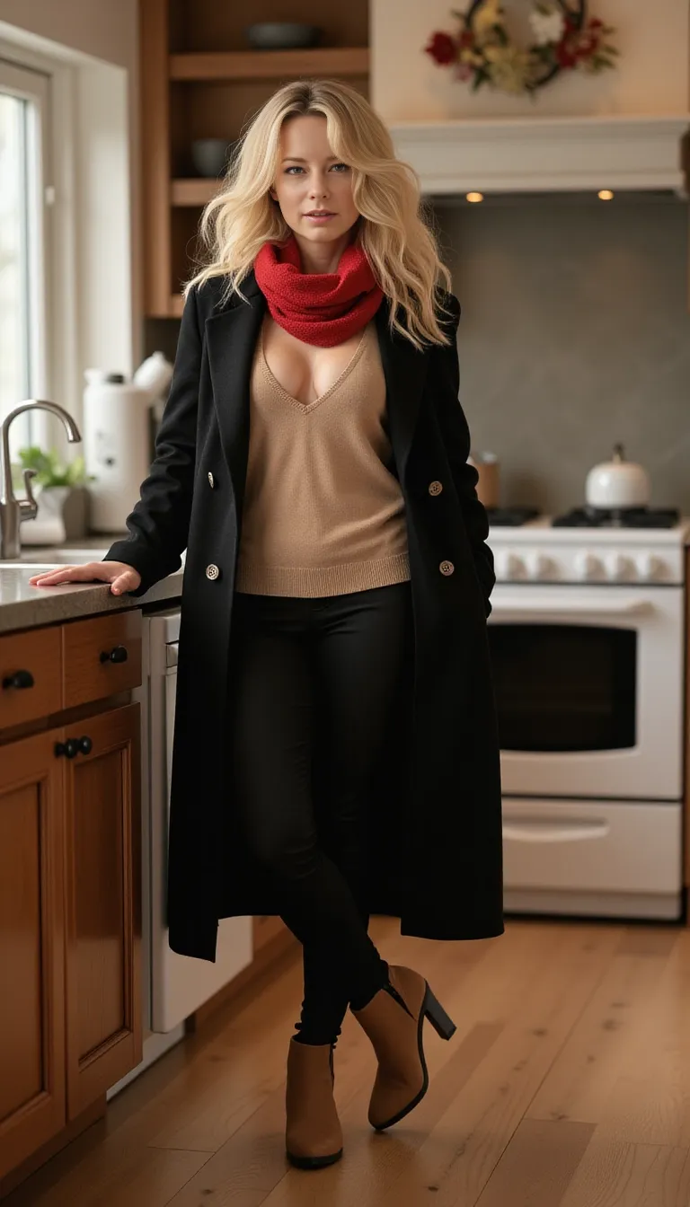 48 year old, long wavy messy hair, realistic woman, realism, hyper-realistic,
wavy blonde hair, hair styled with a blow dryer, feminine figure with hips,
medium droopy tits, cleavage, wearing a tan cashmere cowl neck sweater and black leggings, Long black wool overcoat, red scarf around neck, long legs, full body view, feminine legs, tan high heel ankle boots, standing next to the breakfast bar in a ranch style American kitchen.