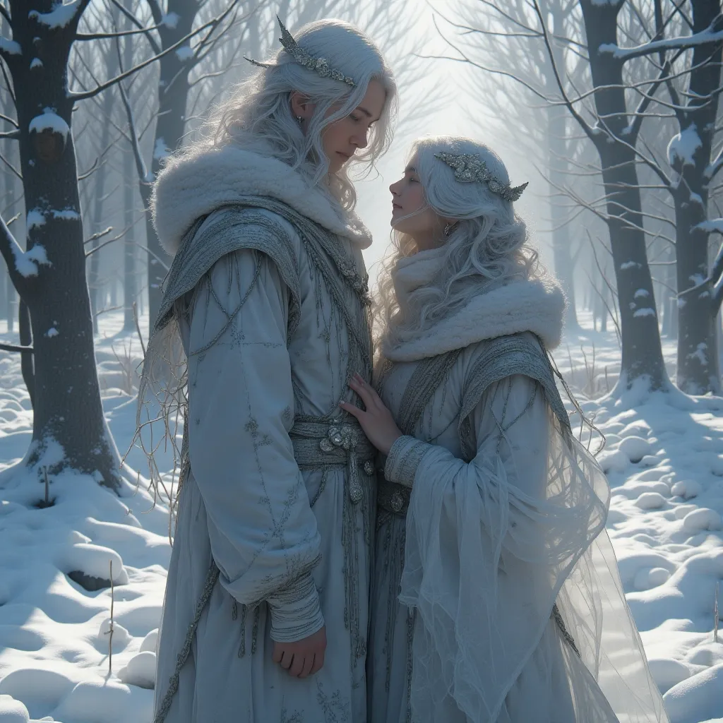 A man and a beautiful girl are depicted in full-length in a winter fairy tale setting through fantasy, realistic photography. The image boasts high detail, a cinematic quality, stunning visuals, hyper-realistic elements, sharp focus, high resolution (8k), and an insanely detailed presentation.