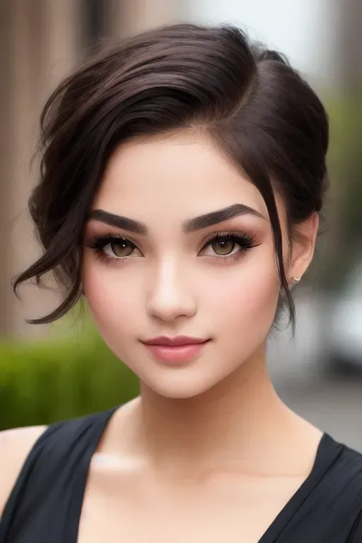 Create a real-life photo of a teenage girl that showcases her exquisite and ethereal beauty, The photo should showcase full-body shot of her with slutty appearance wearing a sexy shirt outfit, The use of Lens Glow should add depth to the image with the the balanced and symmetrical focus on her armpit, her hauntingly beautiful Flawless skin tone should Perfectly lit with natural light, Expertly styled dark hair and makeup, Captivating and confident pose, Her hyper-detailed face should have striking and captivating features including high detailed eyes, beautiful lips, curved eyebrows, curved eyelids, slender nose, and soulful gaze with mesmerizing brown eyes, and her captivating gaze should be looking down at the viewer while Her enigmatic smile should showcase perfectly sculpted full lips, Her dark short hair should be styled in an updo that showcases her beautiful nape, with a perfectly sculpted lips and chiseled features that complement her cute and poppy demeanor with Intricate details and Perfectly proportioned natural make-up,