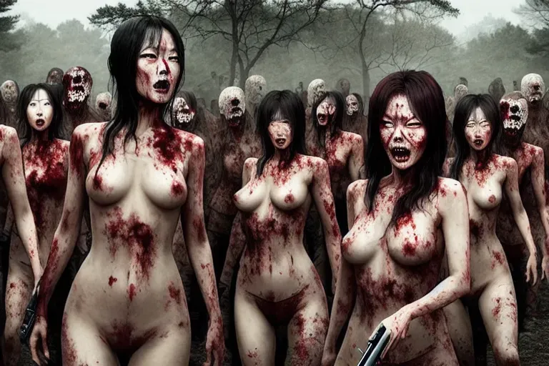 one naked human korean girl is surrounded by clothed zombies she has a gun in her hands and is looking scared. Thte zombies approach from all sides