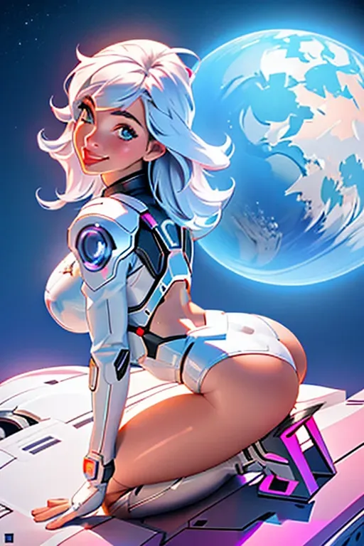 A realistic pornographic photo of a young woman on a futuristic spaceship on her knees, spreading her butt apart, smiling into camera, realistic, solo_focus, tongue, tongue_out, uncensored, wearing lingerie, perfect pretty face, visible anus, visible pussy, back turned to viewer