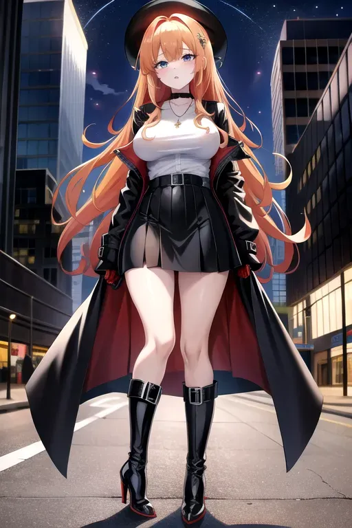 full body, strawberry blonde hair, hazel eyes, short girl, black miniskirt, black high heel boots, looking at viewer, long hair, pale skin, silver necklace, black shirt, 24 years old, giant breasts, cute face, pov, wavy hair, city environment, Oklahoma City, wide eyes, erotic, skirt tug, red trench coat, nighttime, black backpack