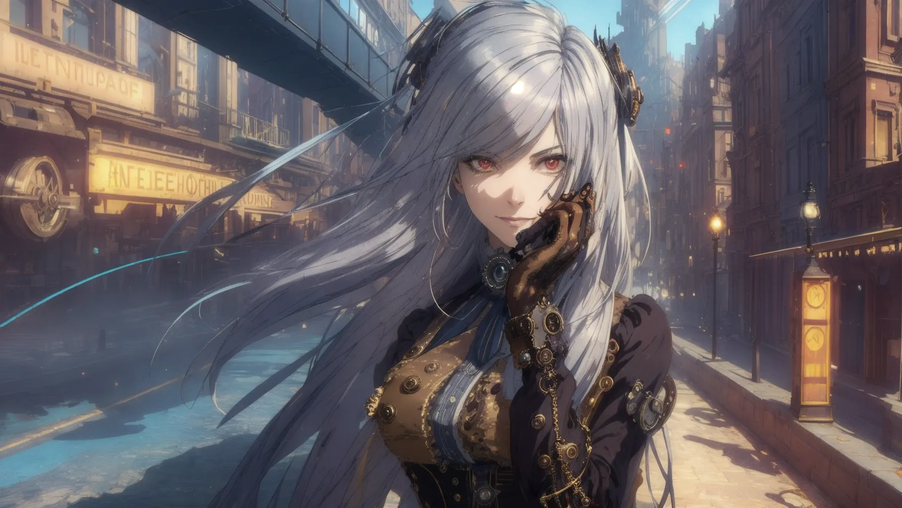 (Best quality, single frame image), (super colorful steampunk image of young_woman with cyborg-limbs and (hands combing hair)), (long messy silver hair with hair_ornaments and sideways_fringe:1.2),
(correct anatomy, slender and toned, cute-cool-pose), (large red eyes looking at viewer:1.08), close up (view of cute western face with arrogant expression:1.05), beautiful thin lips (smiling smugly showing teeth:1.12),
Energetic and seductive, (colour explosion in a dreamy and faded landscape, (dynamic abstract colours with steampunk themed city streets with victorian_era fashion):1.25), hyperrealistic skin,
soft focus, sharp and clear image, (flat shading stylised colorful art:1.07), <lora:dpmg_add_detail:0.25>, (physically based ray-tracing, photon mapping, soft lighting:1.3), (high resolution masterpiece), cute round face, (arms up)