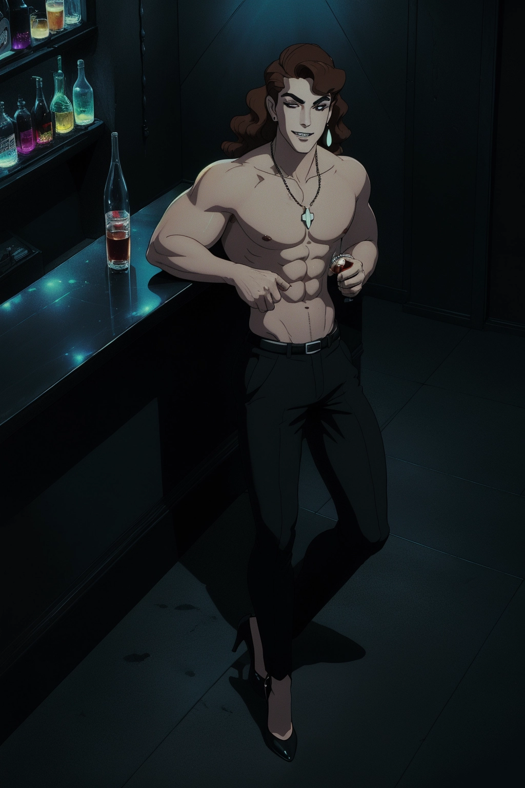 (((handsome muscular young man))), (((broad shoulders))), (((flat chest))), (((broad chest))), (((big pec muscles))), standing at the bar, ((wide toothy grin)), eyes closed, (((naked))), ((necklace)), (((long wavy brown hair))), (((clean shaved face))), ((earrings)), pretty face, ((dark eyeshadow)), ((black lipstick)), (eyelashes), ((stiletto high heels)), sexy, neon, dark, Ghibli style, close up, from above, (martini glasses), night club, nightlife, cyberpunk, clear shapes, consistent colors, dark atmosphere,
<lora:dpmg_ghibli_style:1>