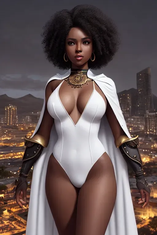 a photograph of a young ((black African woman)) dressed as a princess, ((full body and legs visible)) seductive, wearing ((white leotard)), natural breasts, ((short dark curly hair)), ((dark skin)), standing in front of an ((alternate steampunk Cape Town cityscape)), wearing necklace, five fingers per hand,raised arms, beautiful face,beautiful lips,curved eyebrows,curved eyelid,satisfaction,highly detailed,sharp focus,cgsociety,cinematic lighting,pixiv