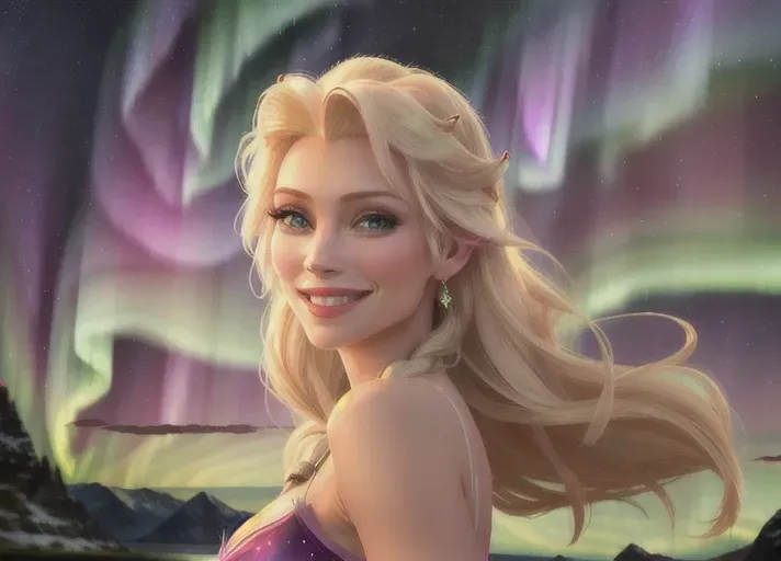 Beautiful sexy smiling Elsa of Arendelle as a supermodel against the backdrop of the nothern lights. photorealistic. Medium shot. low angle.
