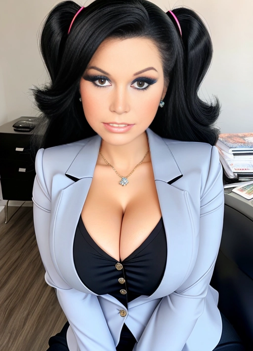 An albanian woman that looks like a Bratz doll, mature adult face, extremely big plump juicy lips, huge enormous perky boobs, black hair, grey-blue eyes, normal human eyes, thin body, no makeup, tight button-down blouse and blazer business woman