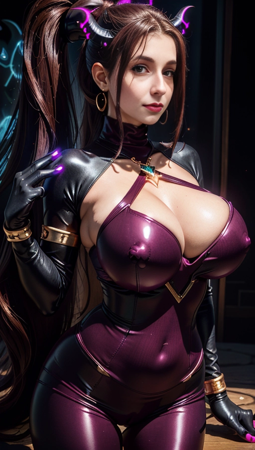 best quality, (((ultra high res))), (((detailed face and eyes))), (perfect face), big shining heart choker, earrings, jewelry, (((big glowing succubus mark))), ((((big glowing succubus bodymark)))), (((conjuring))), (witch), ((long voluminous hair)), (((black gloves))), ((brown hair)), straight hair, ((perfect huge boobs)), (((golden bracelet))), ((single ponytail)), (((huge hair cuff))), chains, ((skintight suit)), ((face closeup)), purple, (burgundy red lips), (((neckholder top))), ((((skintight)))), ((hourglass figure))