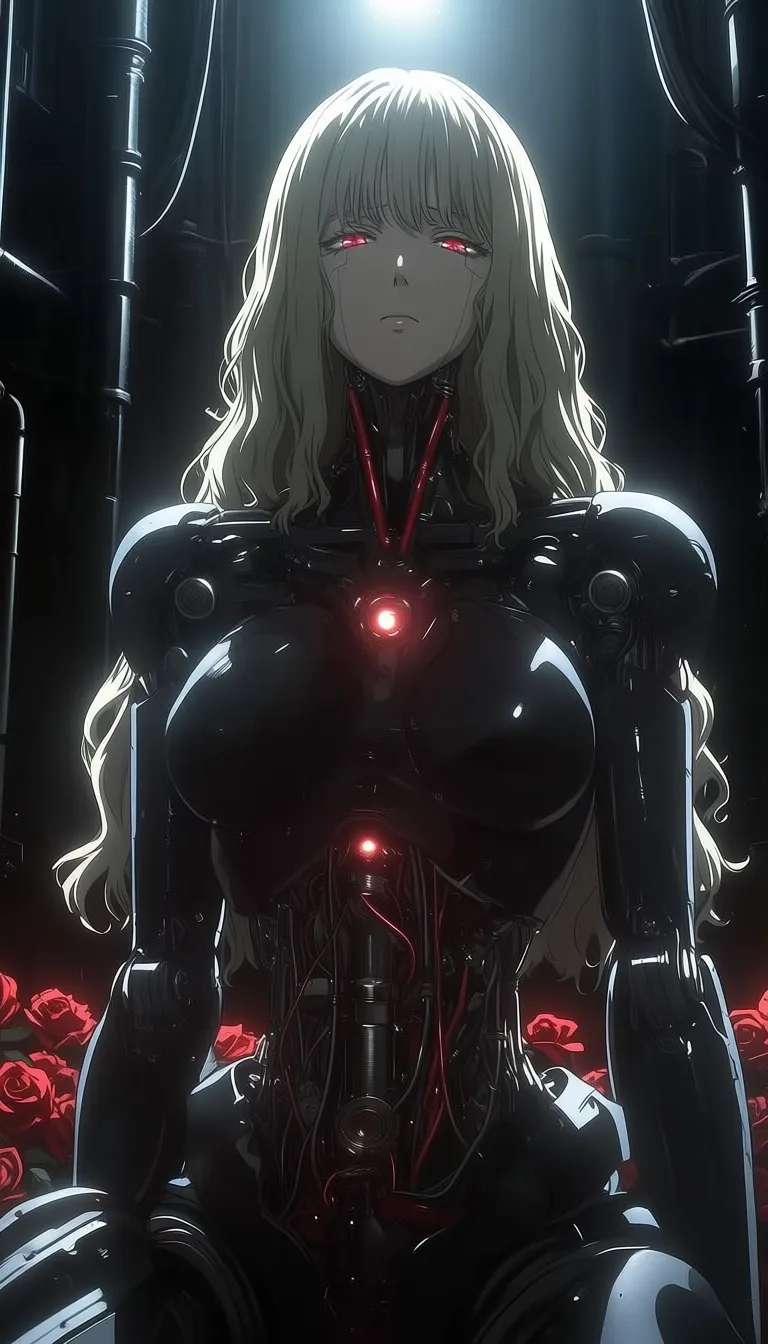 dark_art_style, 1girl, solo, cyborg, android, mechanical body, robotic parts, cybernetic, biomechanical, detailed machinery, exposed joints, glowing core, chest core, long hair, blonde hair, wavy hair, red eyes, sad expression, melancholic, looking at viewer, roses, red roses, flowers, contrast, delicate and mechanical, futuristic, sci fi, cyberpunk, industrial background, pipes, metal, high detail, intricate, cinematic lighting, soft lighting, moody atmosphere, anime style, masterpiece, best quality