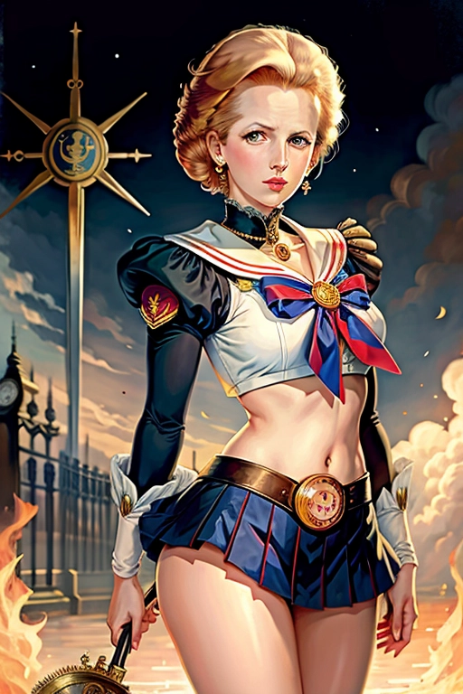 ((painting)),
(Sailor Moon),
(((features of a young Margaret Thatcher))), perfect face, detailed face, blonde hair,
(Steampunk artstyle)), fantasy clothes, extremely short miniskirt ((lifted to reveal panties)), full body, 2 arms,
masterpiece
