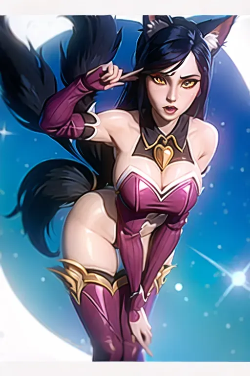arcane style, ahri, ahri (league_of_legends), 1girl, portrait, animal ears, black hair, breasts, detached sleeves, distr, facial mark, fox ears, fox tail, hand up, highres, large breasts, league of legends, long hair, long sleeves, looking at viewer, magic, multiple tails, orange eyes, parted lips, solo, tail , ((masterpiece)), absurdres <lora:dpmg_arcane:1>