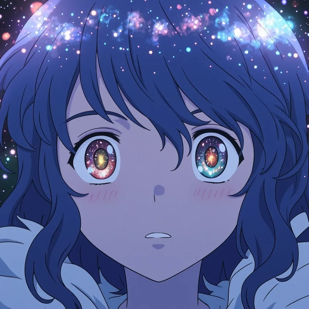 Anime Studio Ghibli, cute cosmic goddess, glowing eyes, universe in eyes, iridescent, hypnotic eyes, ultra-detailed, waist-up, maximalist