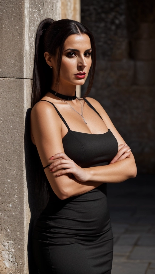 GPT
portrait one young lady from Portugal, age 24, picture taken in 2021, powerful and self-confident character, olive skin, dark brown hair in a sleek, high ponytail, sharp eyes, full lips, and a straight nose, wears a sleek, form-fitting black dress that highlights her assertive presence, location at an ancient castle in Portugal, standing with one hand on her hip and the other loosely by her side, a challenging and slightly amused expression, wears minimal but striking silver jewelry, bold, dark makeup with a focus on her eyes, no tattoos, camera angle is head-on, creating a direct confrontation with the viewer, lighting is dramatic, with high contrast to accentuate her features and the texture of her dress, resolution is high to capture the fine details of her expression and attire, camera type is DSLR, camera settings - aperture f1.8, shutter speed 1-500s, ISO 100, focus on her eyes to draw the viewer into her gaze,