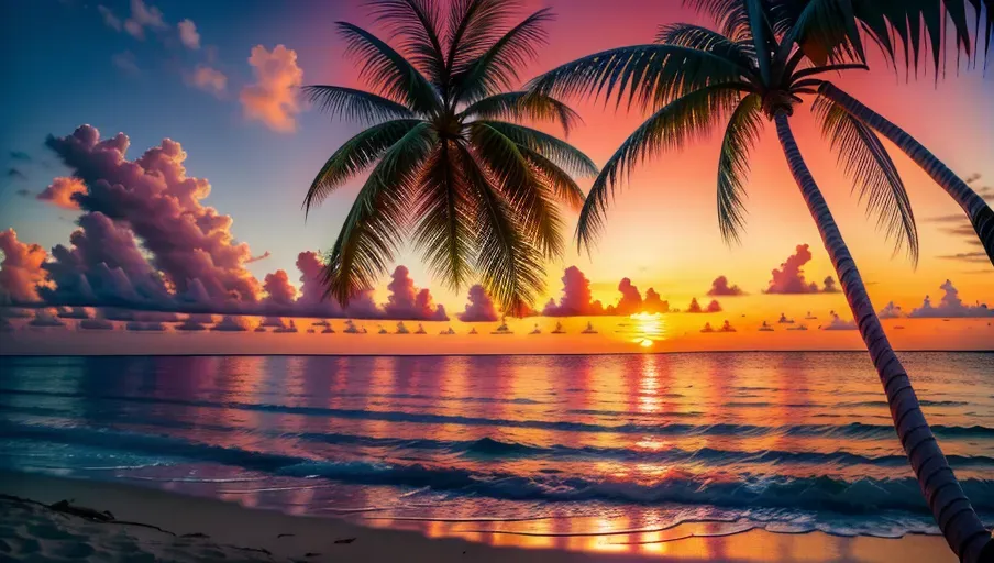 8k High resolution photoreal colored photography romantic evening mood on a Caribbean beach at sunset, a palm tree sticks out from the beach into the sea,