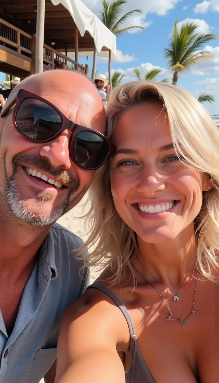 A selfie of a balding middle-aged man with very short brown hair and a goatee, wearing sunglasses, sitting next to his blonde wife at an outdoor bar on the beach in summer. They both have big smiles. The woman is beautiful with a blonde, straight mid length haircut. She has a small necklace that says "V"