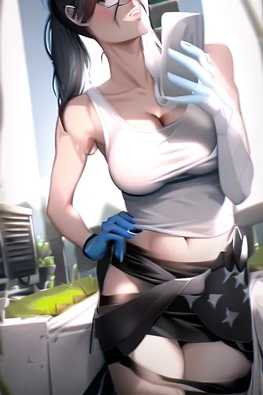 Black ponytail, bangs, blue eyes, medium breast, white tank top, cleavage, small breast, nose ring, fence, backyard, grass, flowers