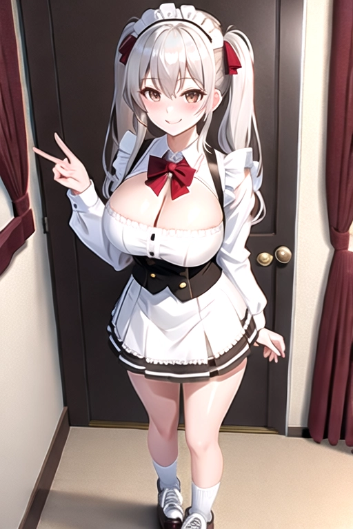 8k quality, brown eyes, pale white skin, white hair, giant breasts, cleavage, looking at viewer, pov, long hair, wavy hair, standing in bedroom, maid uniform, roller skates, miniskirt, pigtails, full body photo, smiling