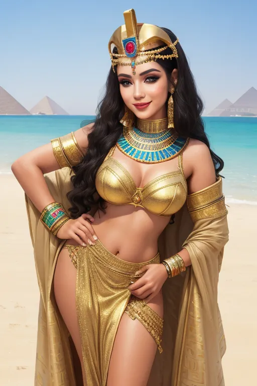 highly detailed image, egyptian princess, makeup, subtle smile, summer outfit, hand on hip