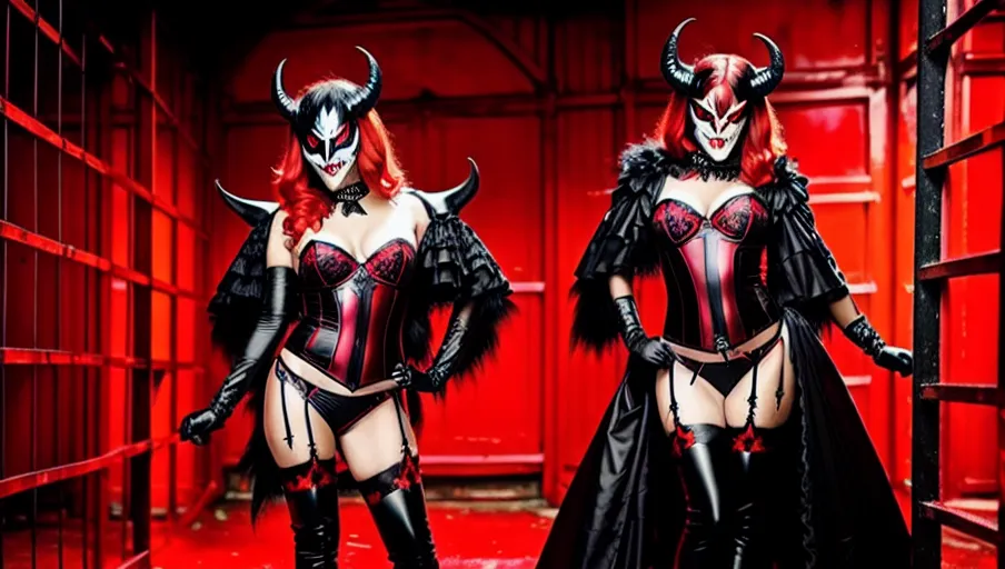 A gorgeous transgender woman (m2f) wearing devil mask, her full body in the image, lots of red and black ,vibrant, vivid, art, realistic, fantasy, HDR, 32K, romantic, high heels, panties, lingerie, sexy, beautiful, female perfection, nudity, background dungeon, people in cages background,