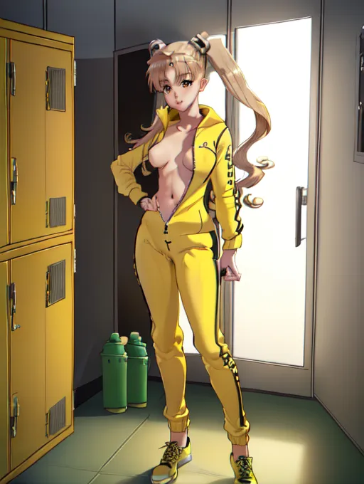 realistic HD photograph ((wide shot)), (((Ariana Grande))) ((((accurate face)))),(((in a locker room)))(((wearing unzipped yellow tracksuit with black trim)))(((topless))),((very sexy pose)),(((small perky breasts))),(((slender body))), five slender fingers, beautiful face, beautiful lips,detailed large eyes,curved eyebrows,cgsociety,cinematic lighting,studio lighting,professional,editorial,<lora:dpmg_fingering:1>