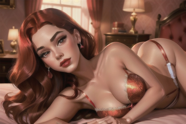 jessica rabbit, wearing fancy lingerie, in a bedroom, five slender fingers, beautiful face, beautiful lips, curved eyebrows, peaceful, sharp focus, bokeh, 8k, editorial, (((detailed female anatomical features))), ((accurate face)), sultry