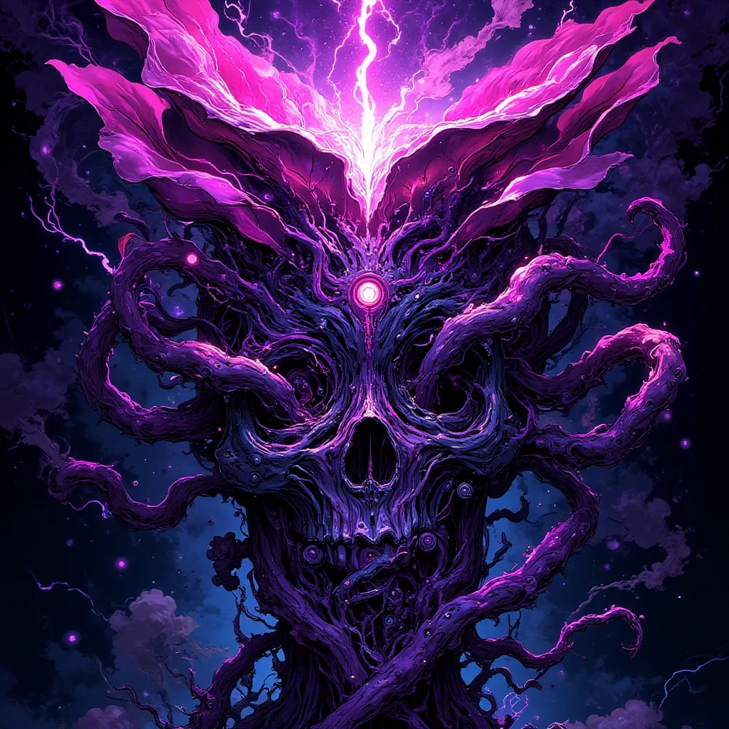 VibrantlySharp style,
animeniji,
3pic_vist4,, A biomechanical skull draped in velvet tendrils, its cranium split open like a blooming flower. From the center erupts a twisting root system of glowing purple veins, weaving through decayed circuitry. Its eye sockets emit fractured beams of pink lightning, warping the space behind it into blooming symbols.
,