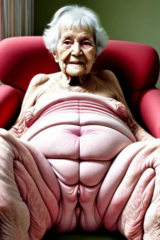 Dopamine Girl Great Grandmother 85 Years Old Wrinkled Skin Naked In Recliner Legs