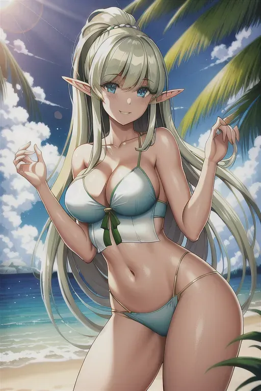digital painting, 20 year old, an elf, insanely beautiful, camisole, white, beach, daytime, sunlight, happy, 8k, professional