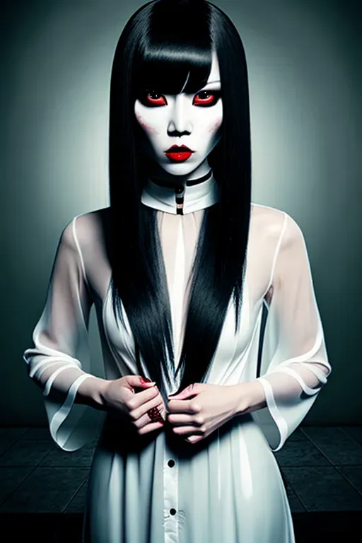 skinny young pale asian ghost girl horror fantasy portrait black hair straight-bangs scary angry portrait