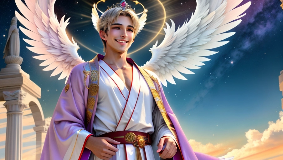 a 64k high detailed photo of body shot of Angelic, HDR Professional ((In Robes))) ((Has robe Attire)) Godly Ultra Detailed Best Quality Most Detailed (((Angel Wings))) Angelic Lighting Love Hope Magic casting Crown Smiling king happy Glory Warrior Angels Angelics Positivity Happiness ecstasy enraptured sweaty saving God Royalty Morality Goodness True Good Power Force Authority Ethical Saviour Halo short Hair Always and Forever Sentimental in heat hot ultra hot best best lighting tantric Neutral Brilliant Logical Compassionate Perfect Perfection Exciting Integrity Winged Courage Purity Harmony Beauty mark on upper lip ((Male)) Ethereal Lighting Celestial Lighting (((With Clothes))) ((With God Item)) ((God Tech)) with items of power God Wings ((Afterlife Light)) (Love Worship) ((Happy Expression)) ((smiling)) (((Angels)))