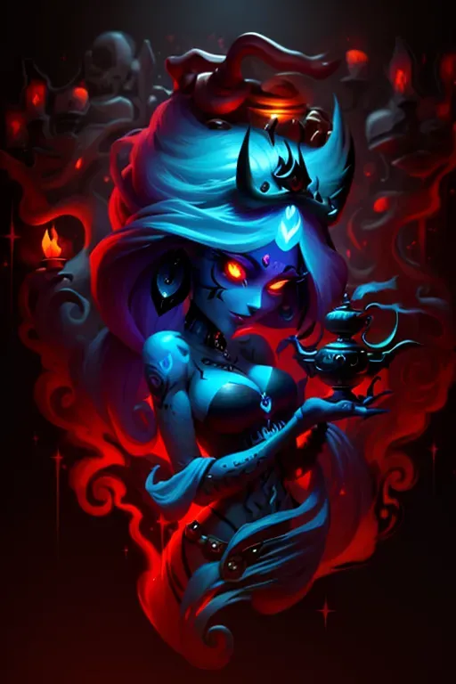 girl, hands holding genie lamp, seductive look, tattoos, dark background, skulls, glowing eyes