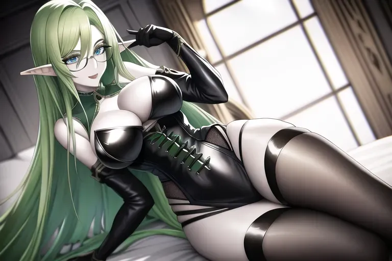 Elf with long green hair wearing round glasses over her blue eyes with pale skin wearing a black leather corset that sits below her breasts