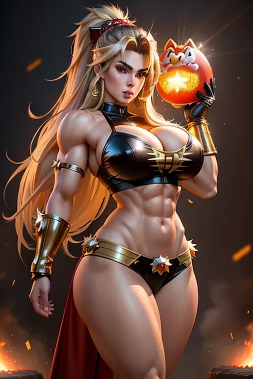 a realistic concept art of, Anllela Sagra as Bowser from Super Mario, ((accurate face)), ((accurate face)), show full body, sexy pose, (huge breasts), five slender fingers, beautiful face,beautiful lips,detailed large eyes,curved eyebrows,cgsociety,cinematic lighting,studio lighting,professional,editorial