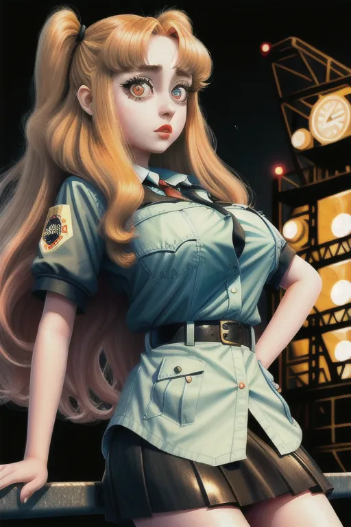 21 years old, short skirt,long hair,large eyes,large breasts, oil rig